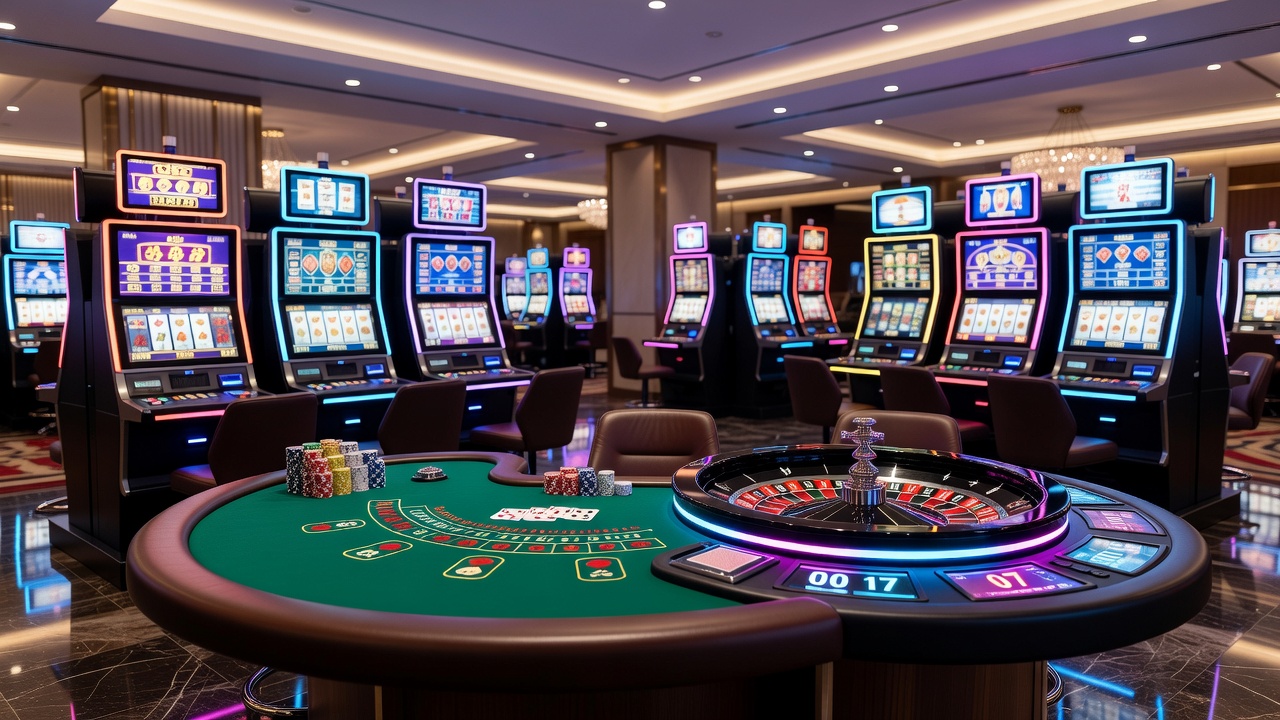 Assortment of classic casino games displayed on green felt tables with chips and cards
