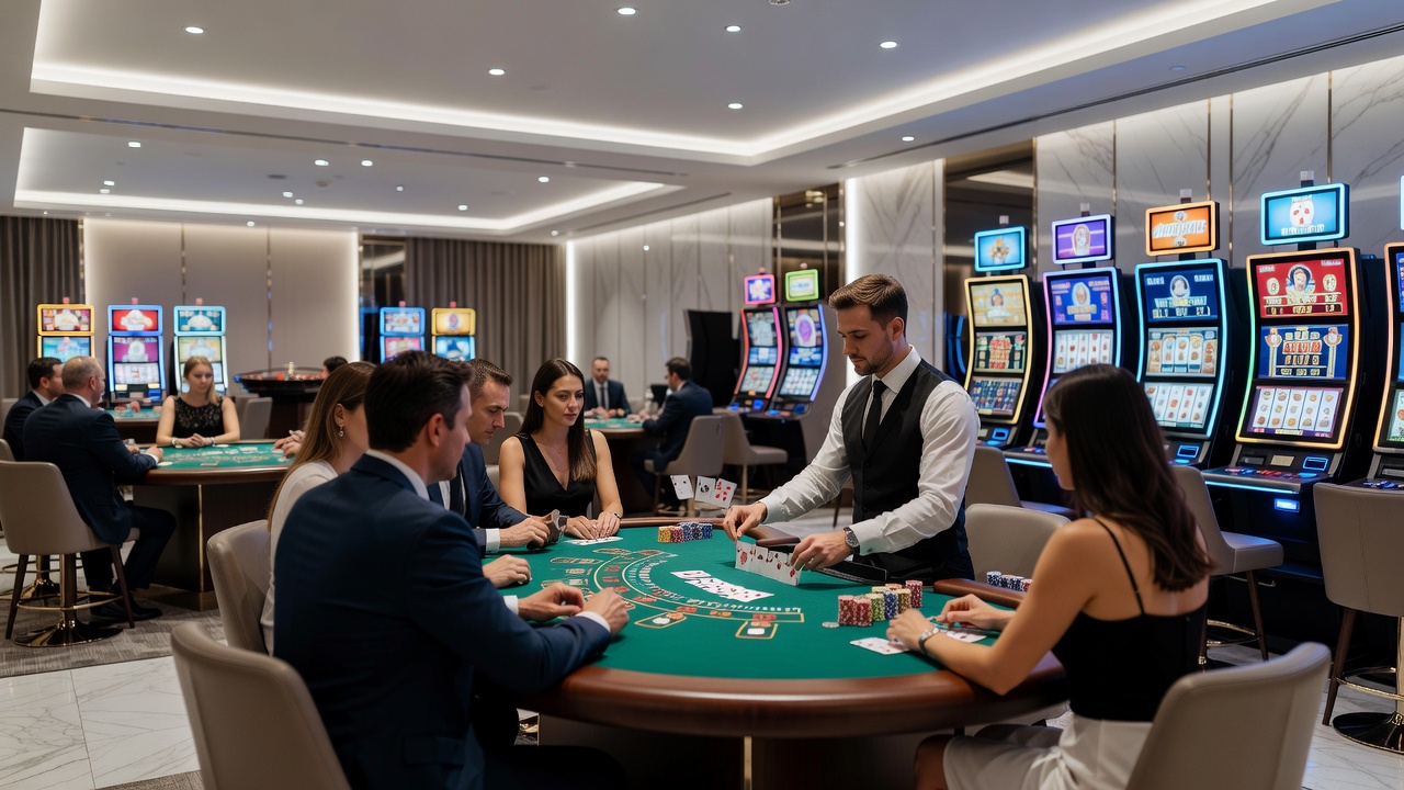 Close-up view of roulette wheel in motion alongside blackjack table setup