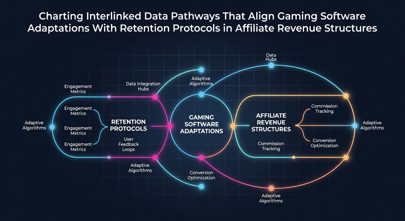 Network diagram showing interconnected data pathways between gaming software, player retention systems, and affiliate revenue tracking platforms