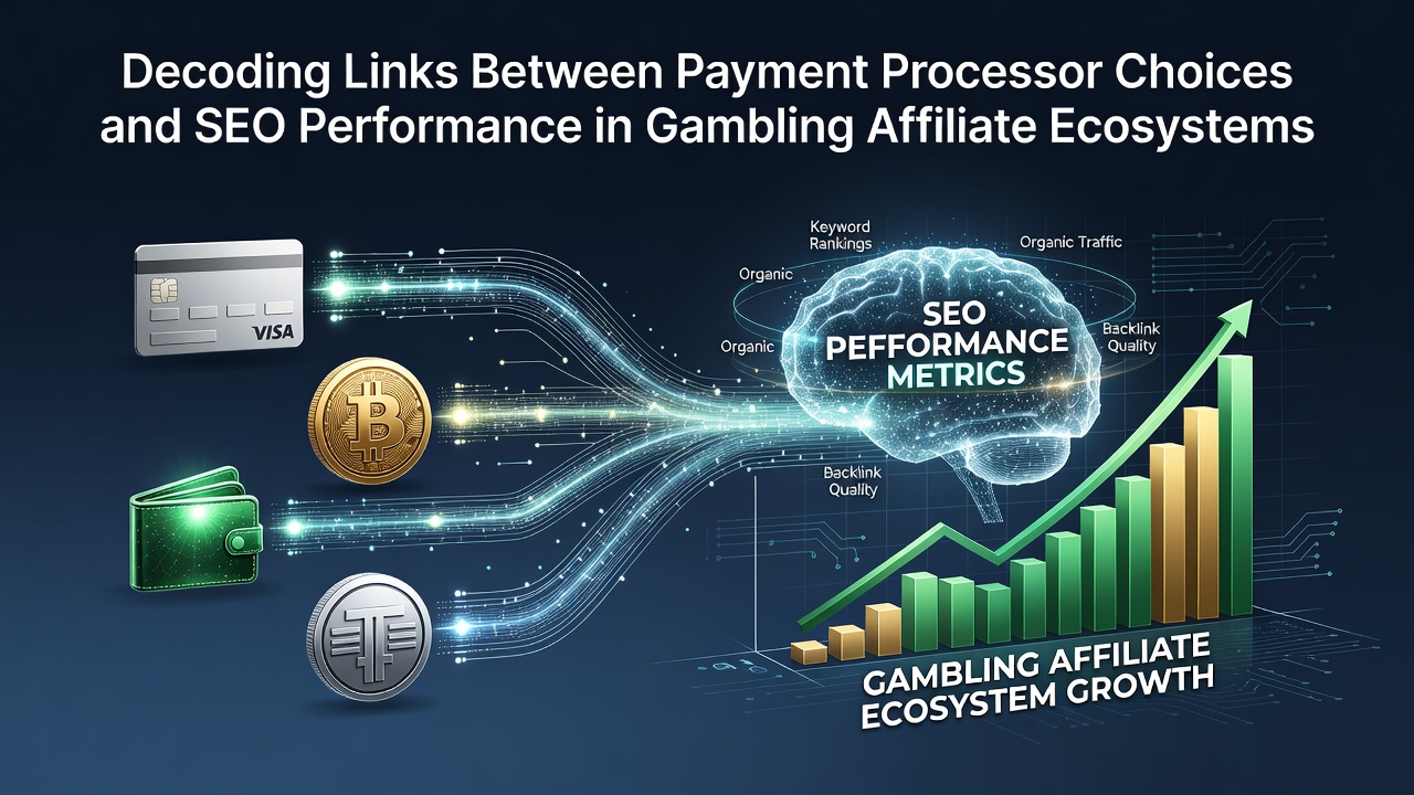 Infographic showing payment processor integration points within gambling affiliate website architectures and their impact on search rankings