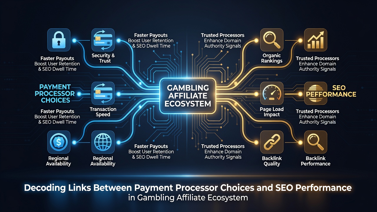 Analytics dashboard screenshot comparing SEO performance metrics across different payment processor implementations on gambling affiliate sites