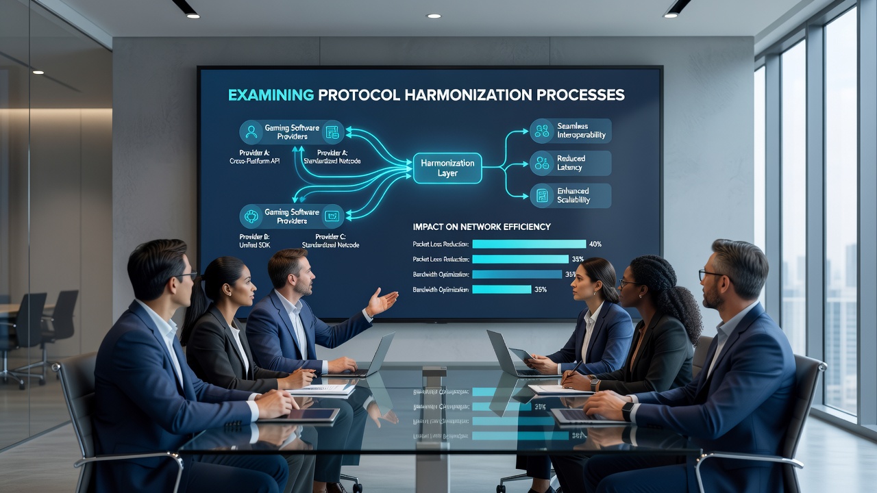 Network operations team reviewing real-time stability metrics from harmonized gaming protocols