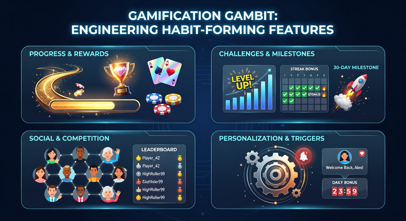 Screenshot of an online casino dashboard showing progress bars, badges, and daily login rewards, highlighting gamified elements that encourage repeated engagement