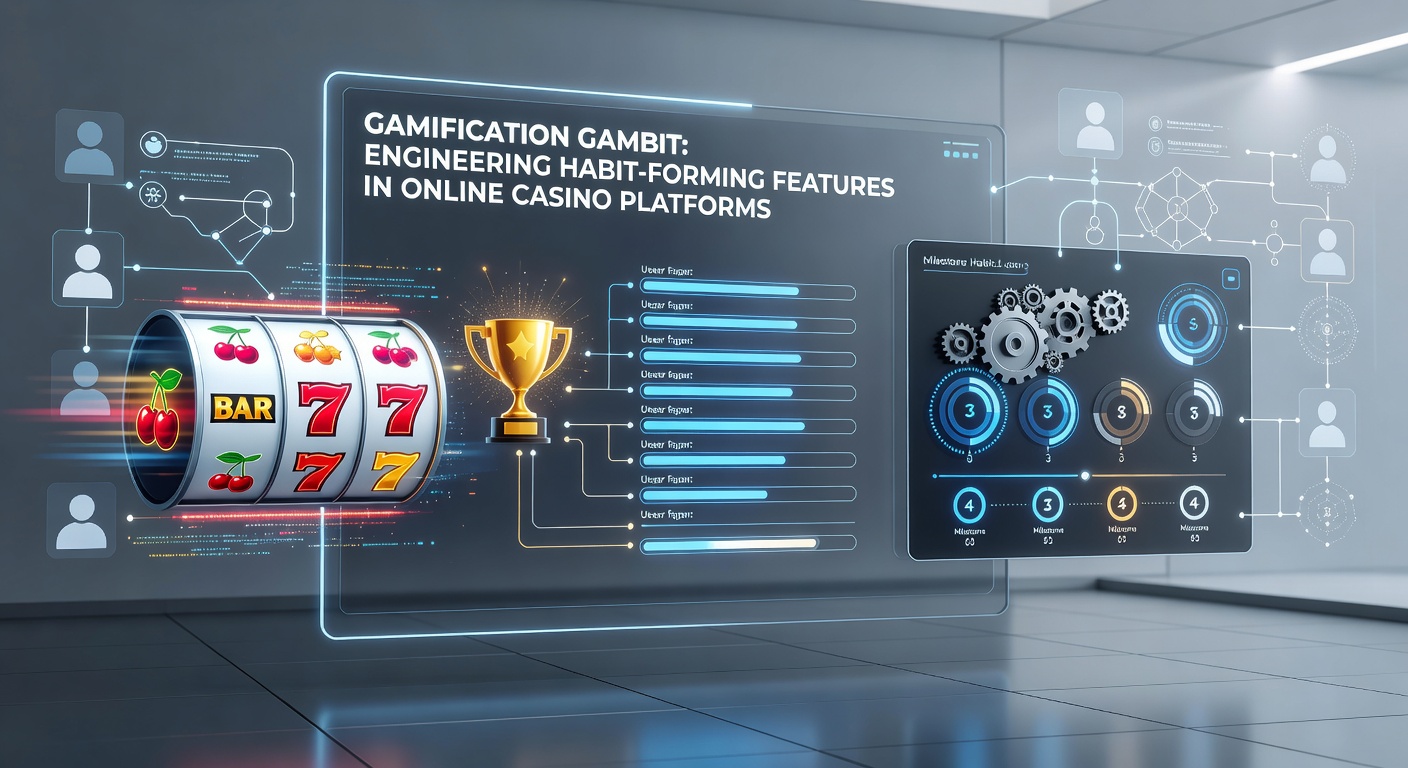 Infographic illustrating gamification loops in online casinos, featuring icons for rewards, leaderboards, daily missions, and retention stats with upward-trending graphs