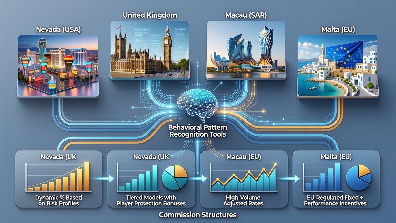 Multi-jurisdictional compliance report showing commission tier adjustments based on player behavior analytics
