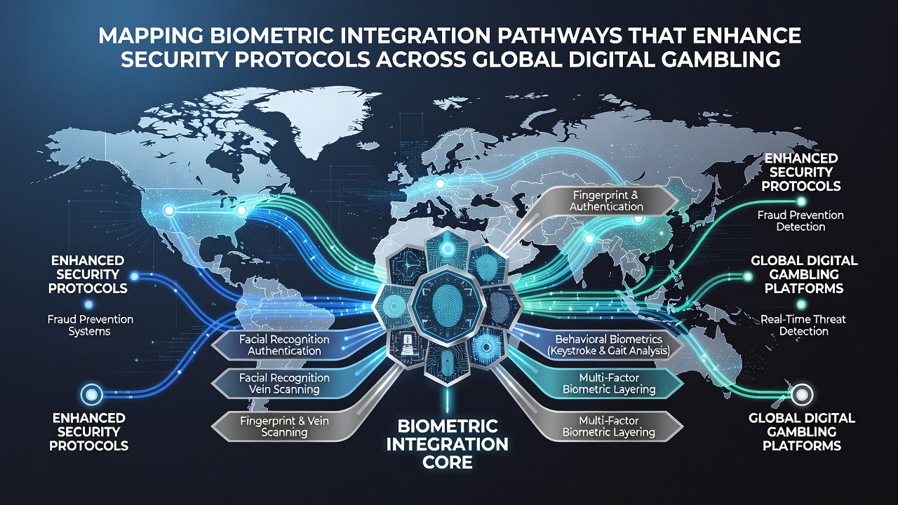 Global network diagram showing biometric data flow between international gambling operators and regulatory servers
