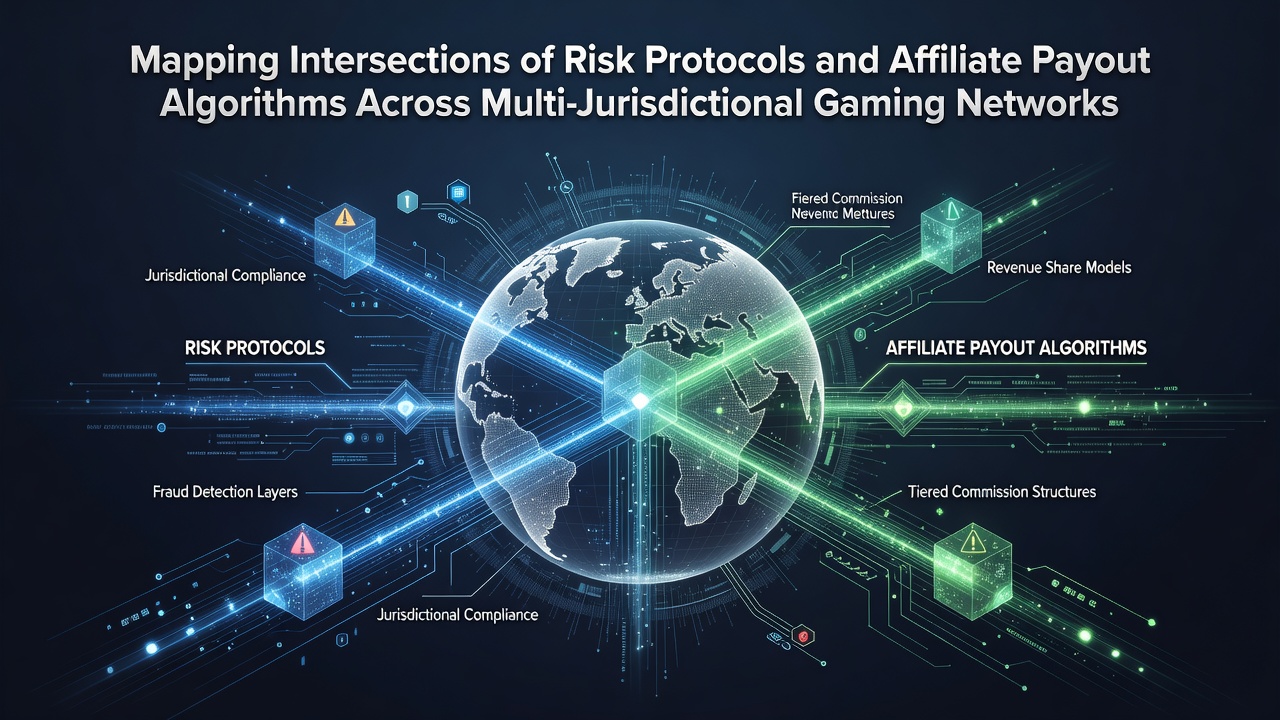 Network diagram showing risk protocol nodes connected to affiliate payout pathways in multi-jurisdictional gaming systems